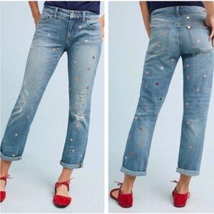 Anthro Pilcro & the Letterpress Boyfriend Jeans with Pink & Copper Polka Dots